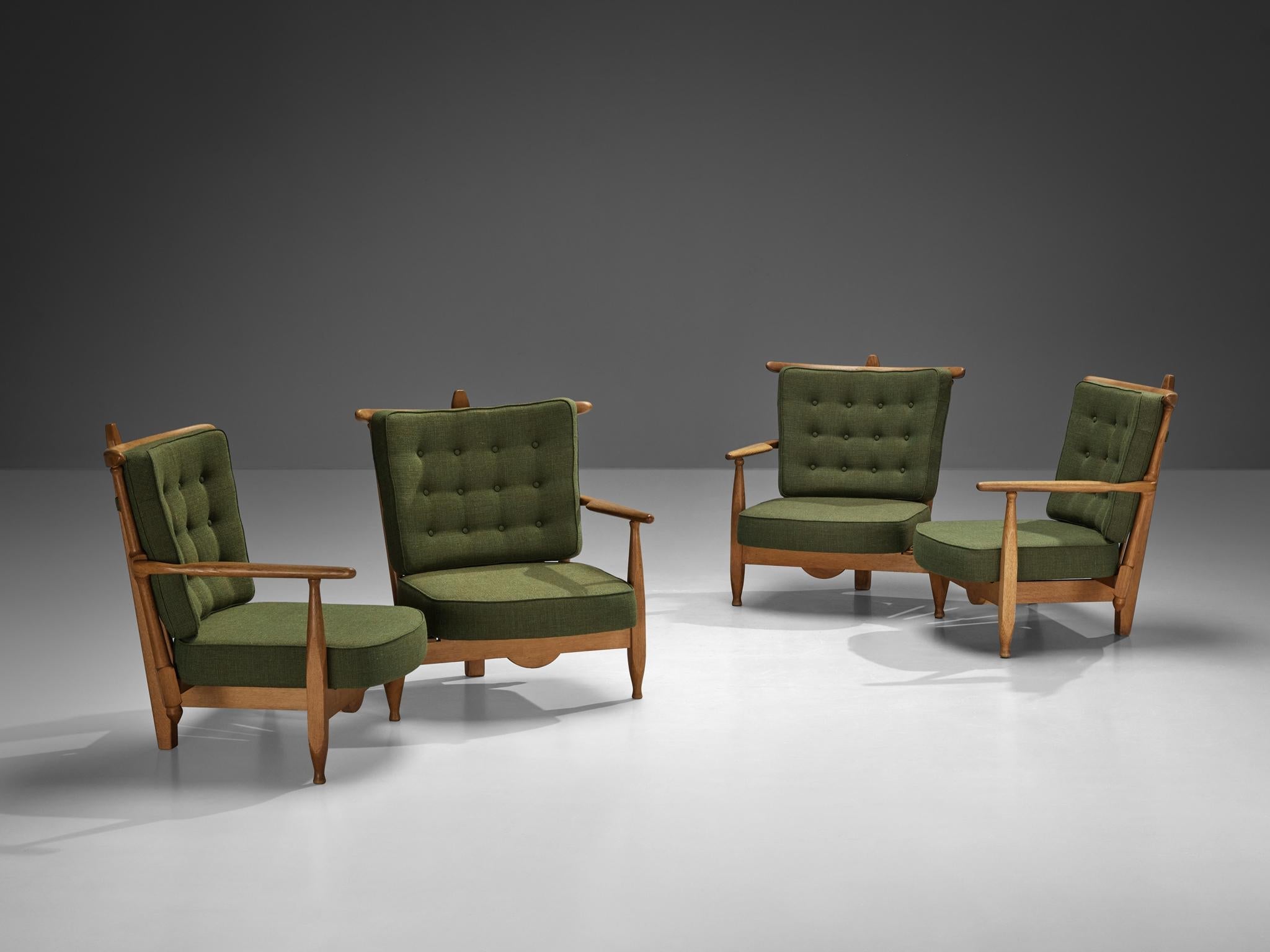 Guillerme & Chambron Lounge Set with Side Table Solid Oak and Green Fabric