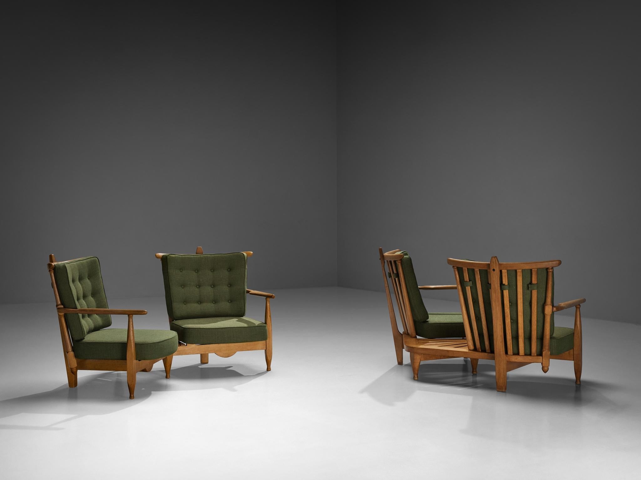 Guillerme & Chambron Lounge Set with Side Table Solid Oak and Green Fabric