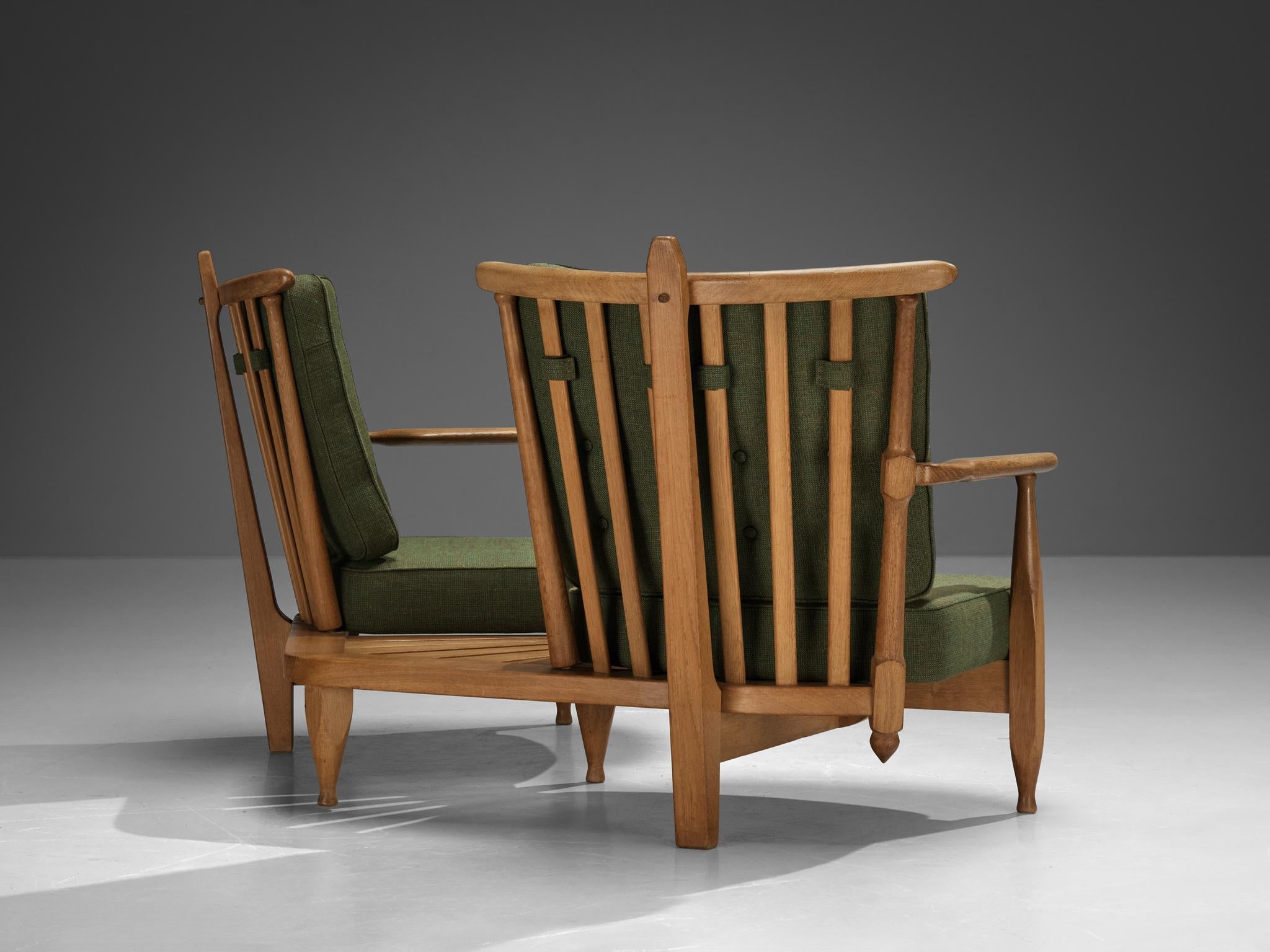 Guillerme & Chambron Lounge Set with Side Table Solid Oak and Green Fabric