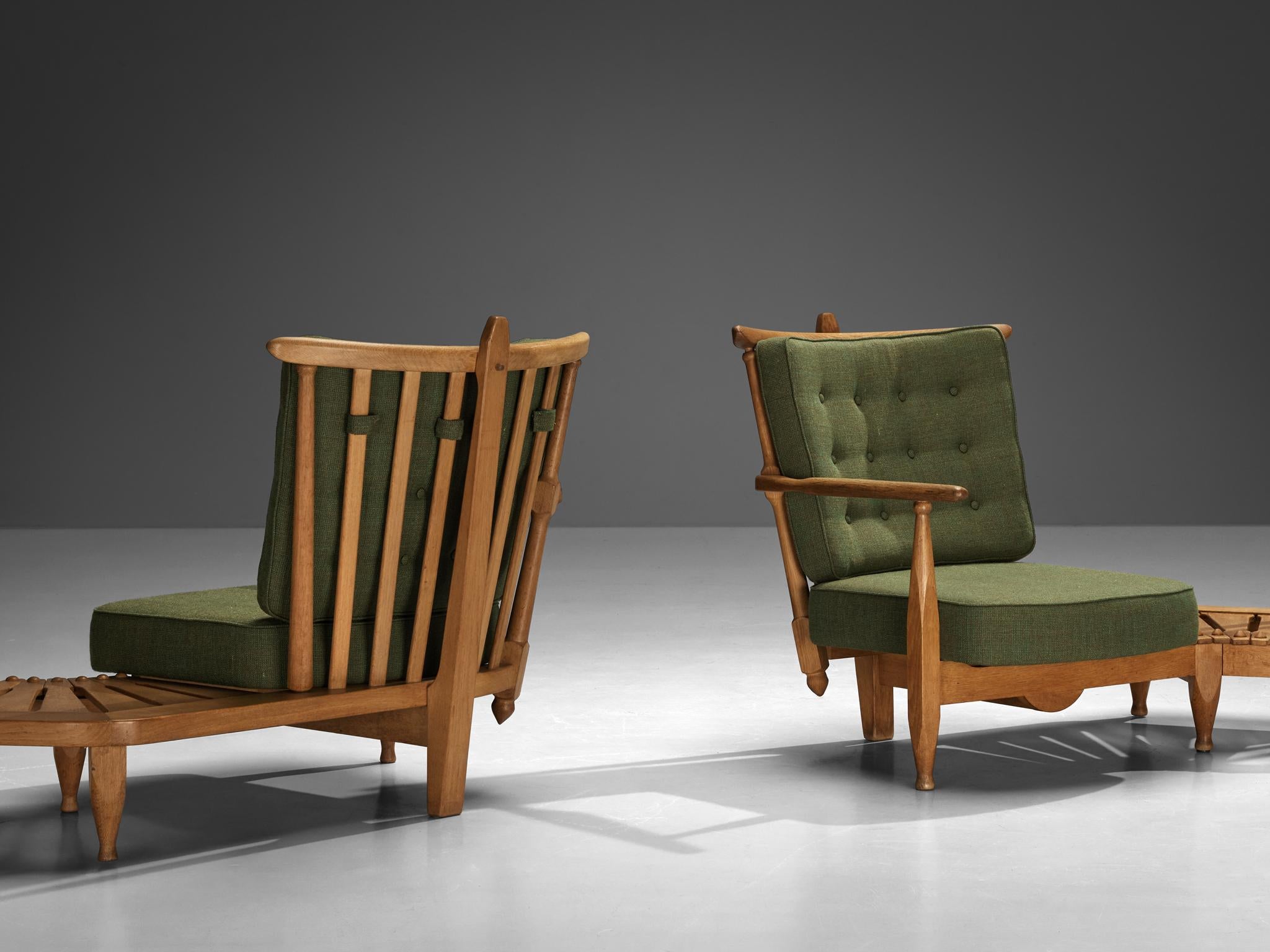 Guillerme & Chambron Lounge Set with Side Table Solid Oak and Green Fabric