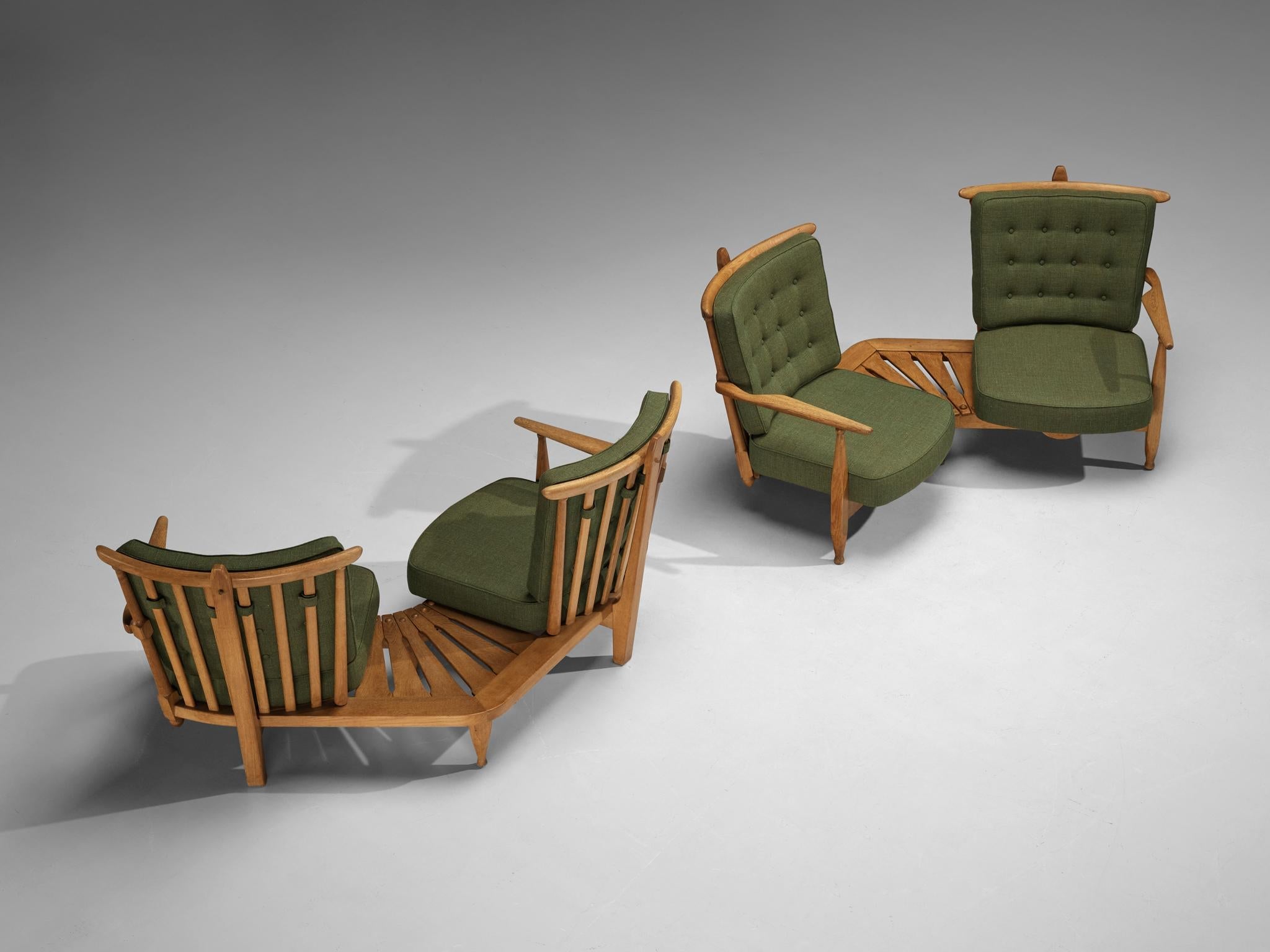 Guillerme & Chambron Lounge Set with Side Table Solid Oak and Green Fabric