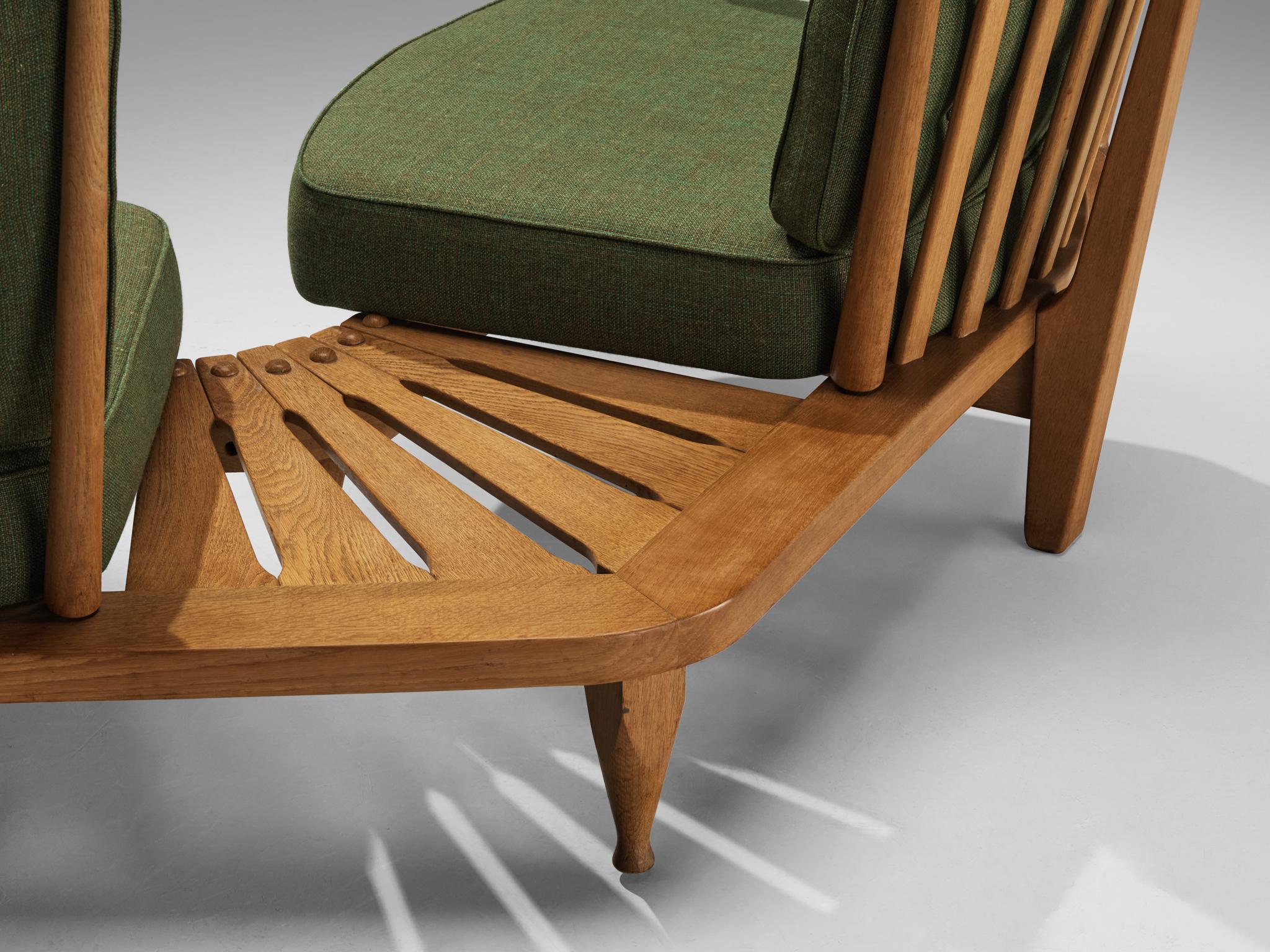 Guillerme & Chambron Lounge Set with Side Table Solid Oak and Green Fabric