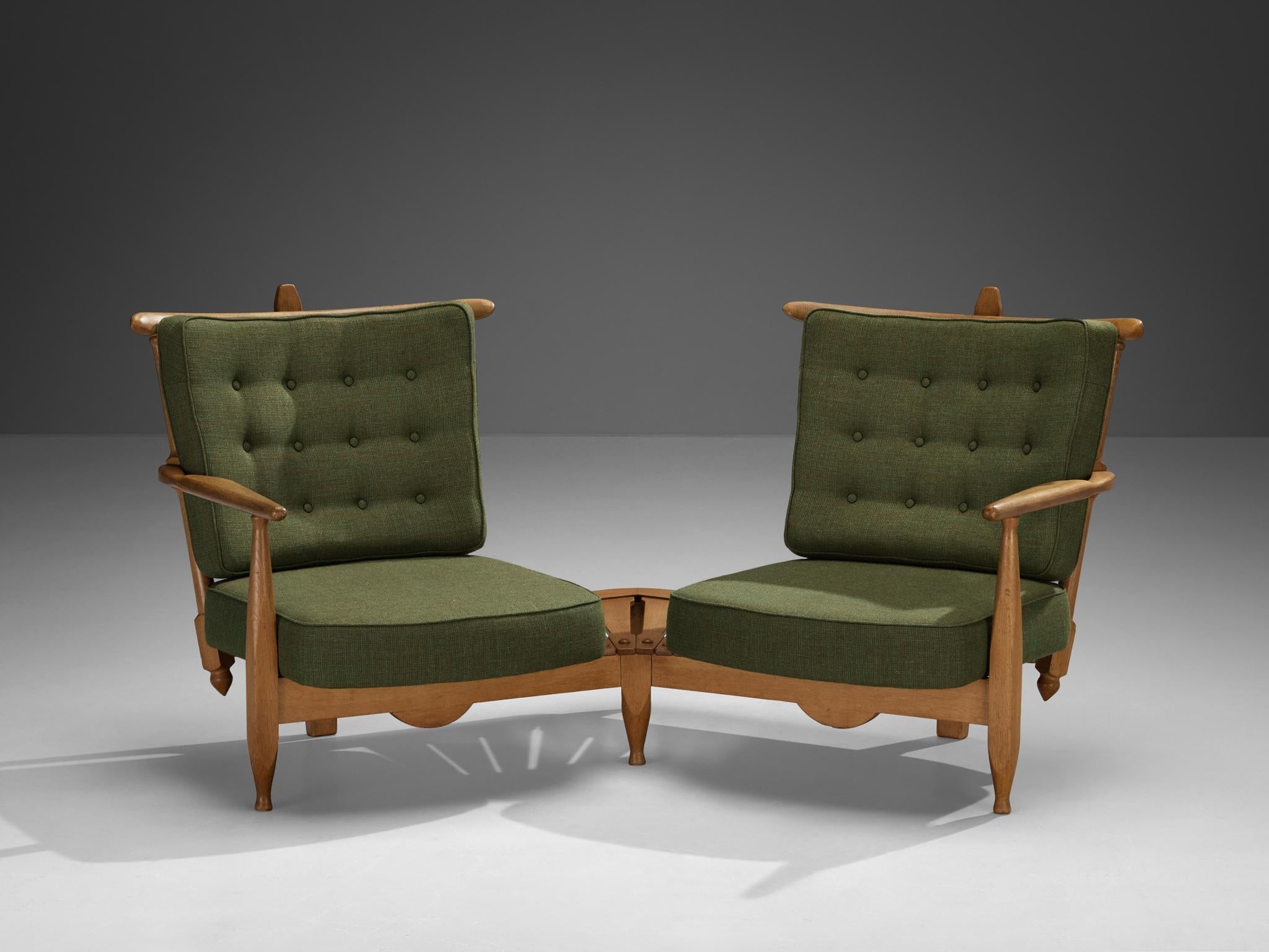 Guillerme & Chambron Lounge Set with Side Table Solid Oak and Green Fabric