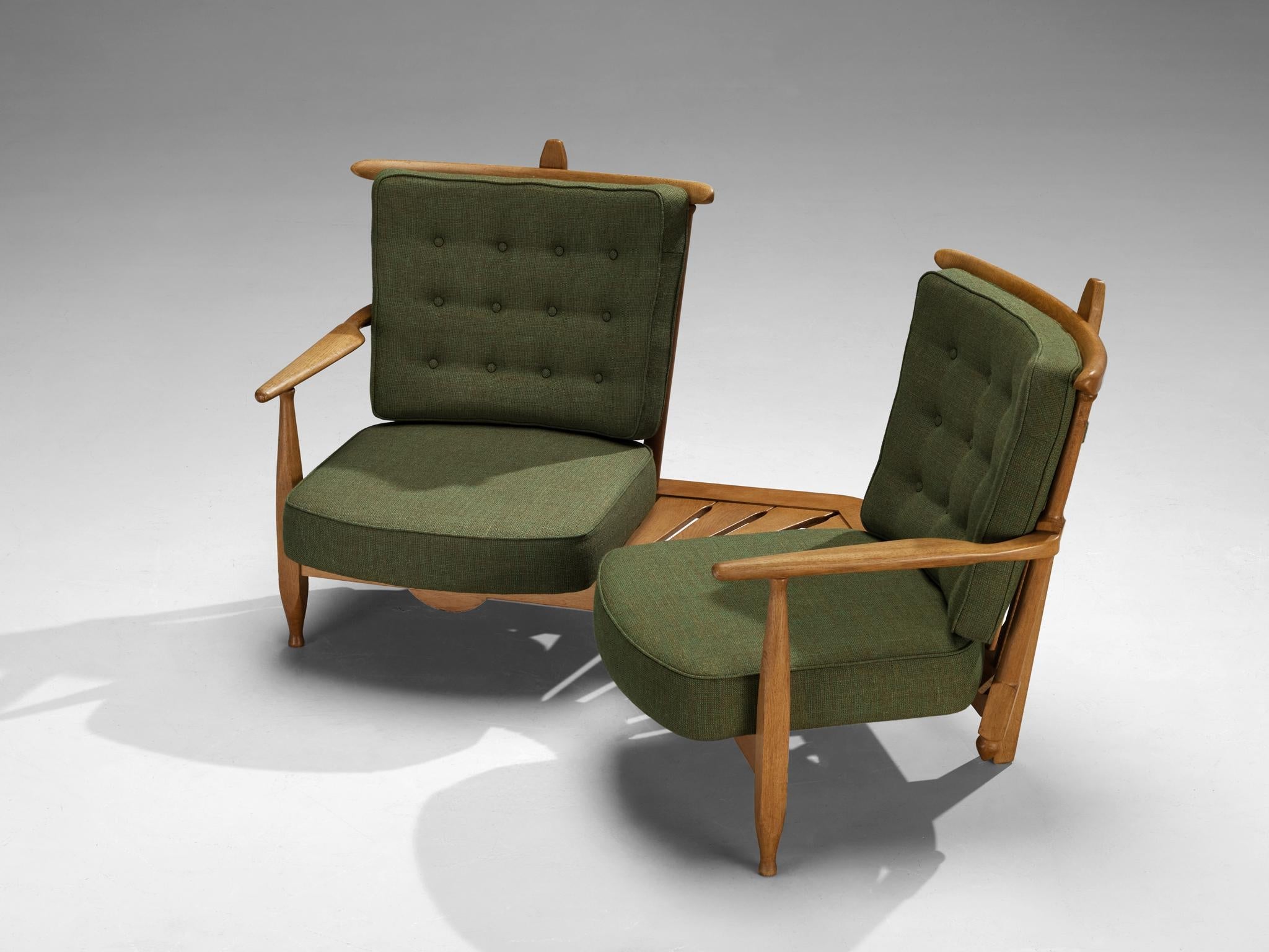 Guillerme & Chambron Lounge Set with Side Table Solid Oak and Green Fabric