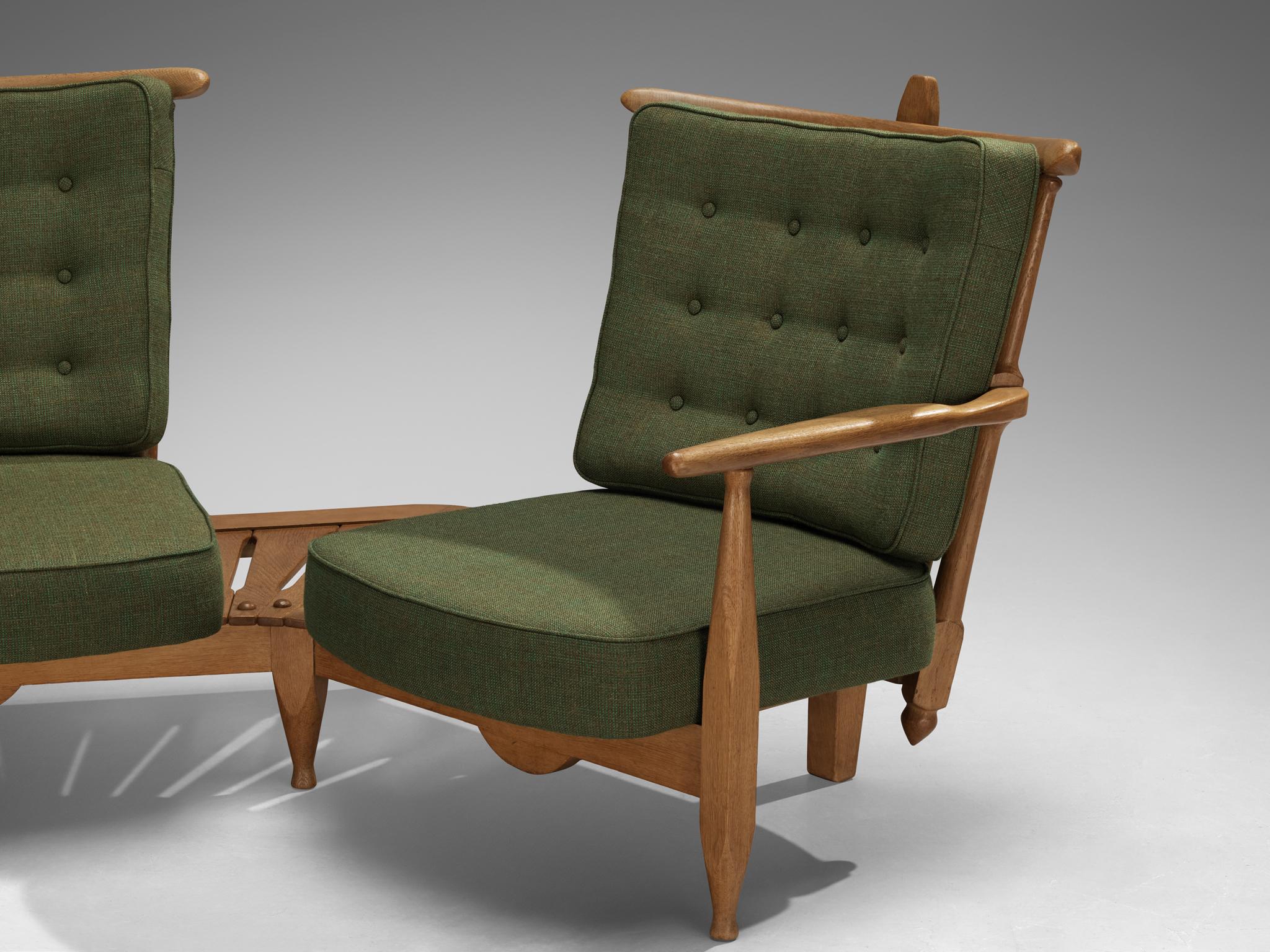 Guillerme & Chambron Lounge Set with Side Table Solid Oak and Green Fabric