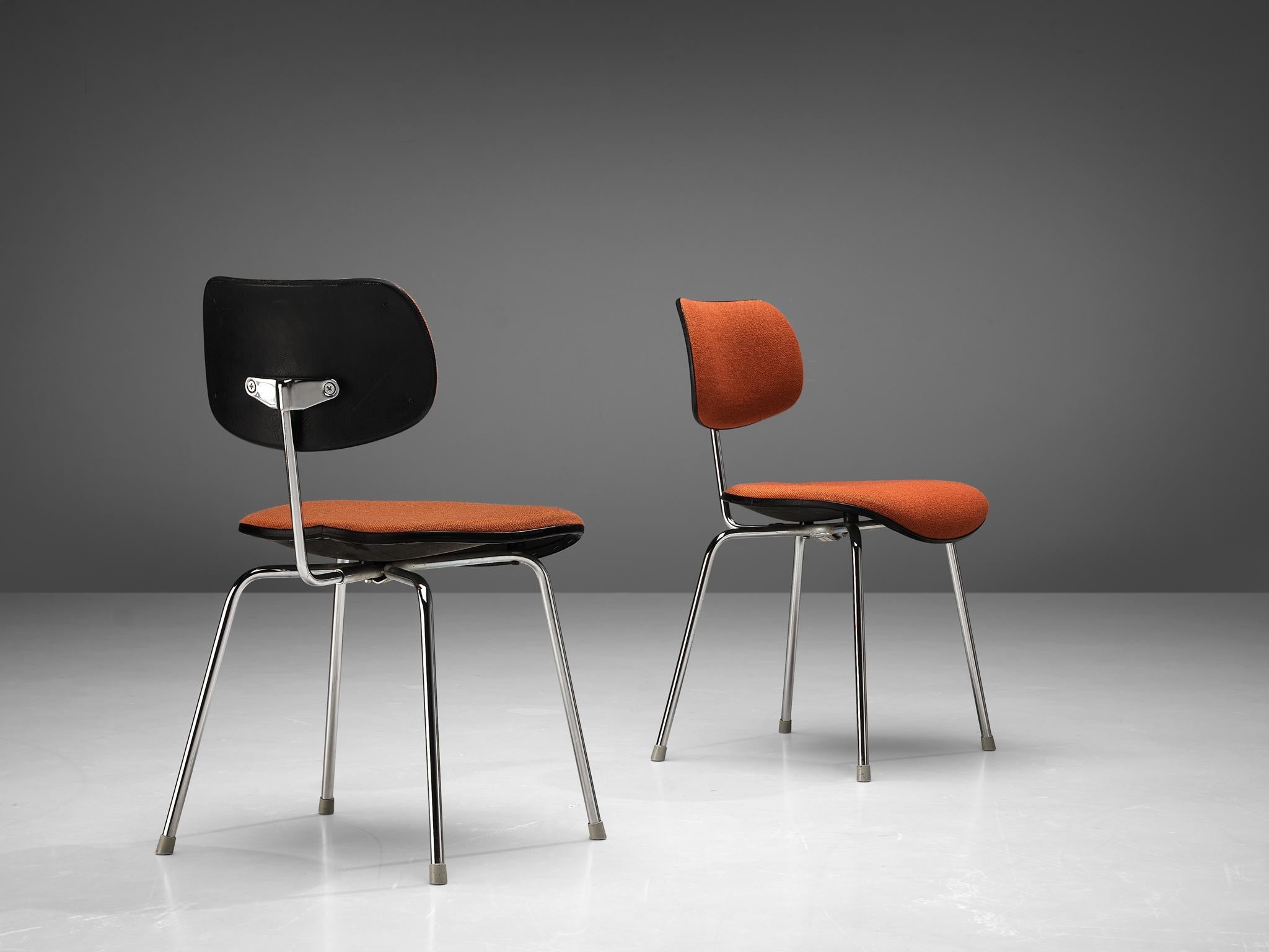 Egon Eiermann Dining or Office Chairs in Chromed Steel Orange-Brown Fabric