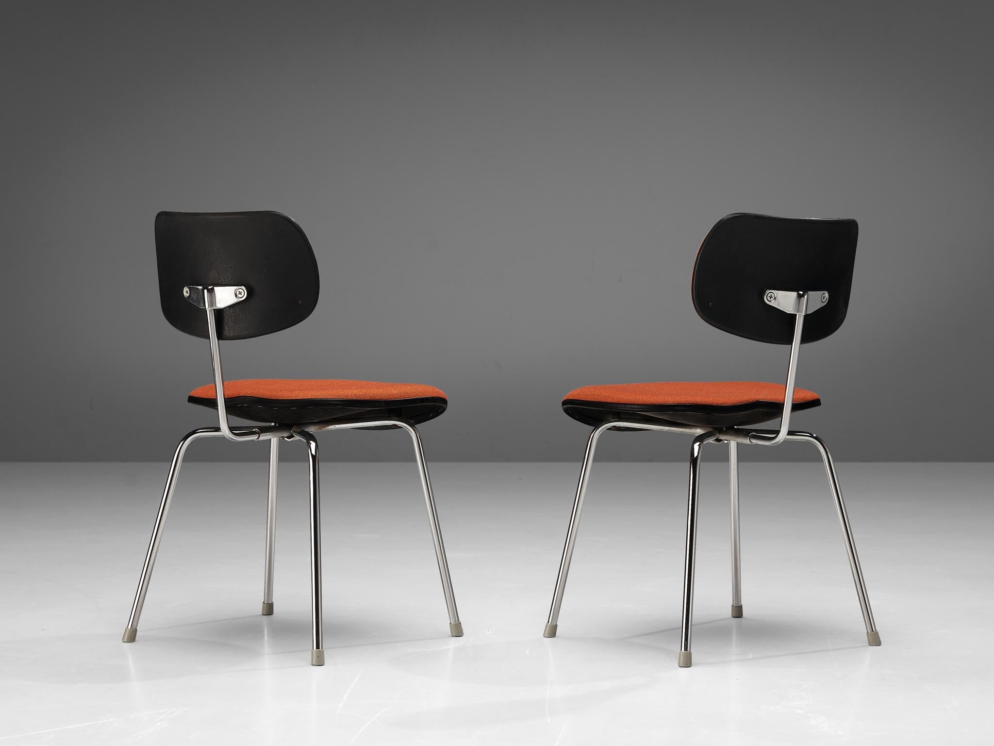 Egon Eiermann Dining or Office Chairs in Chromed Steel Orange-Brown Fabric