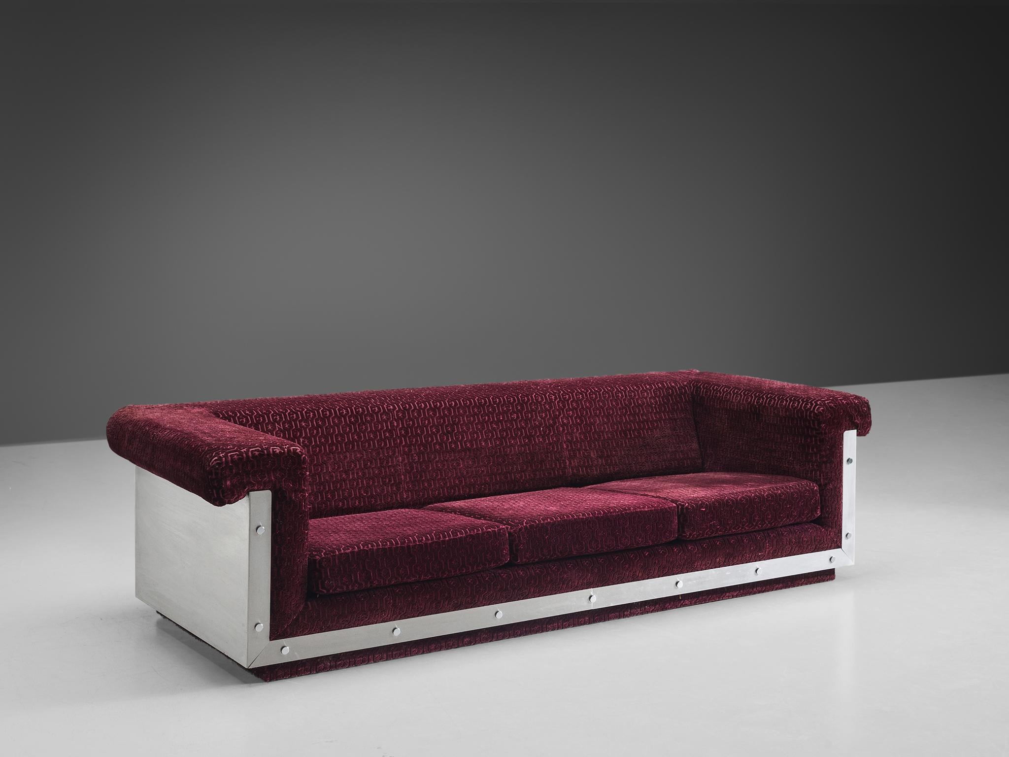 Postmodern French Sofa in Stainless Steel and Burgundy Velvet Upholstery