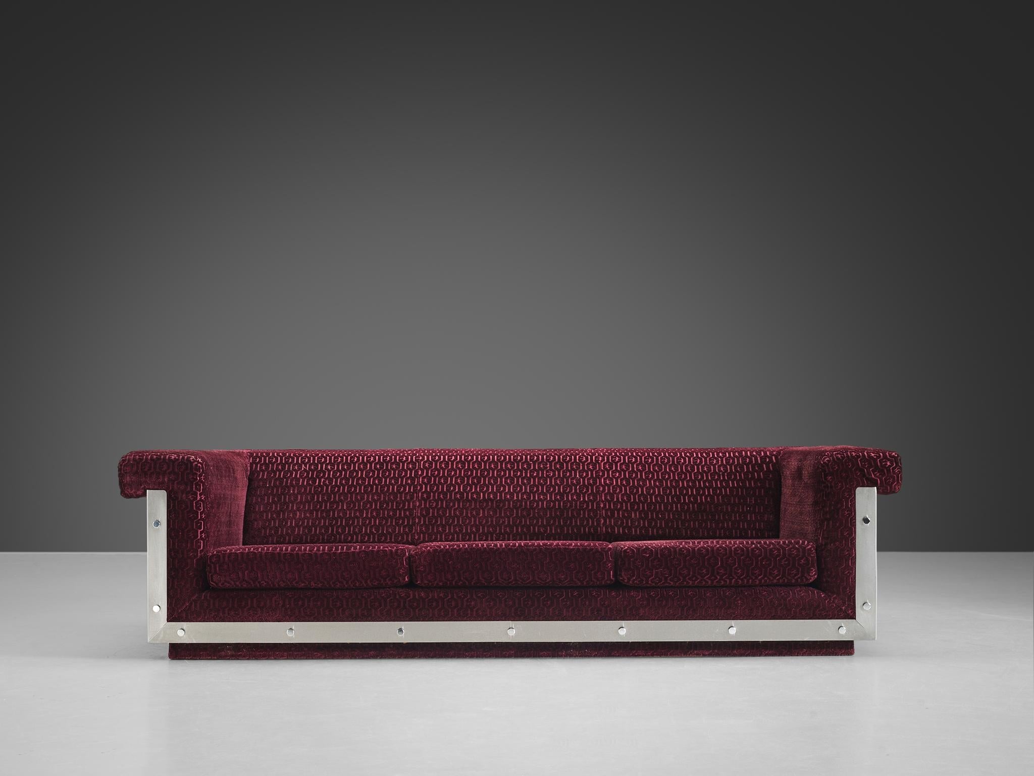 Postmodern French Sofa in Stainless Steel and Burgundy Velvet Upholstery