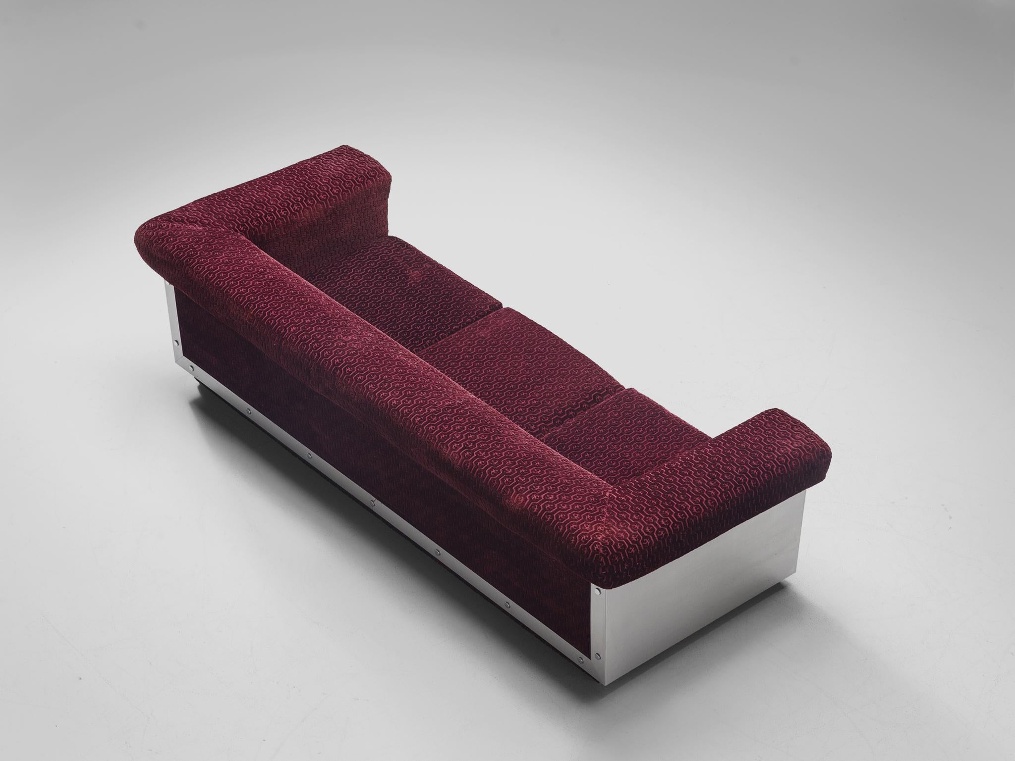 Postmodern French Sofa in Stainless Steel and Burgundy Velvet Upholstery