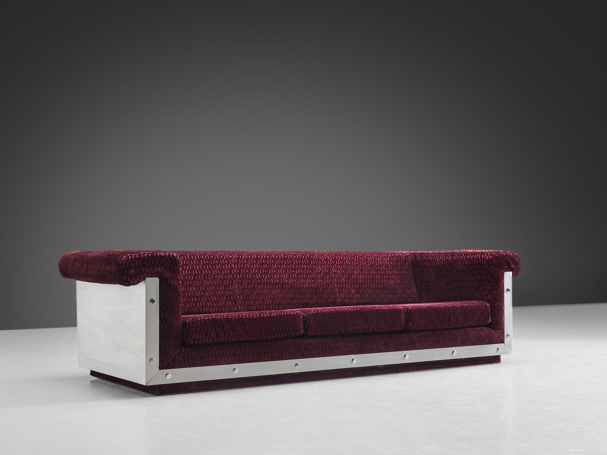 Postmodern French Sofa in Stainless Steel and Burgundy Velvet Upholstery