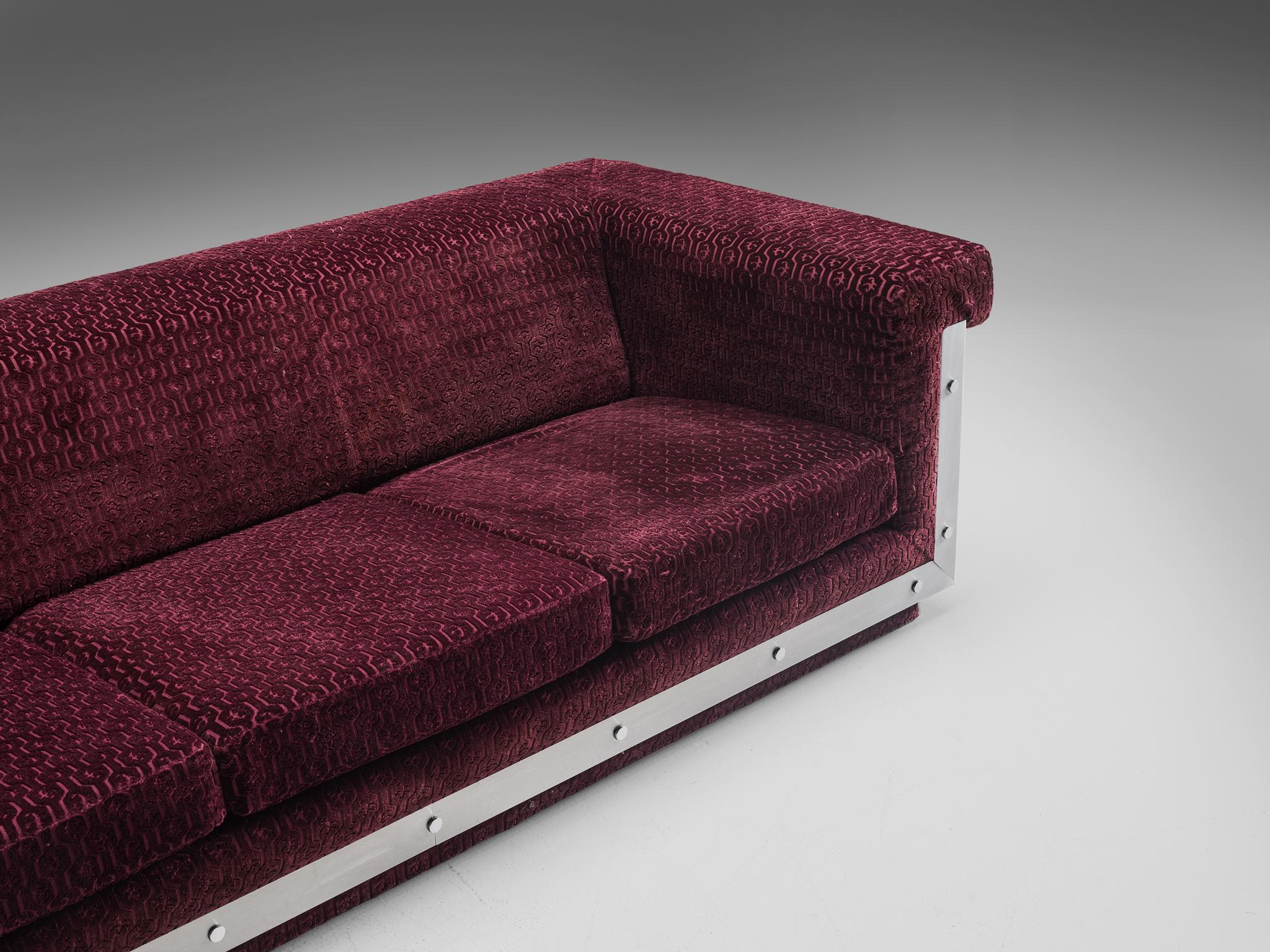 Postmodern French Sofa in Stainless Steel and Burgundy Velvet Upholstery