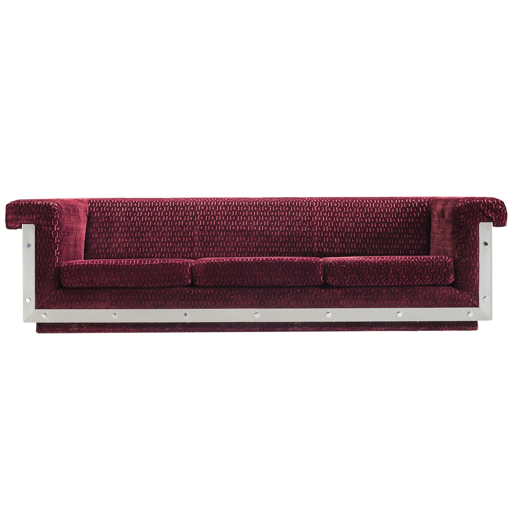 Postmodern French Sofa in Stainless Steel and Burgundy Velvet Upholste