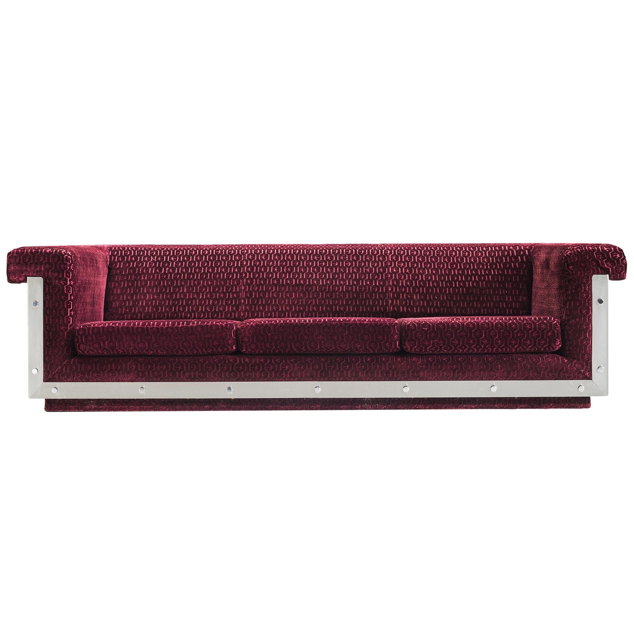 Postmodern French Sofa in Stainless Steel and Burgundy Velvet Upholstery