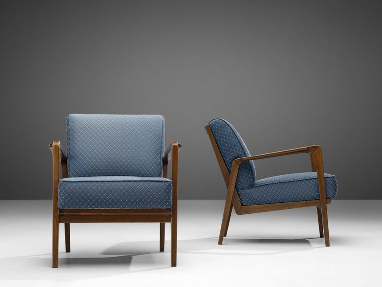 Emiel Veranneman Pair of 'La Chaise' Lounge Chairs Cherry Blue Rhomboid Fabric