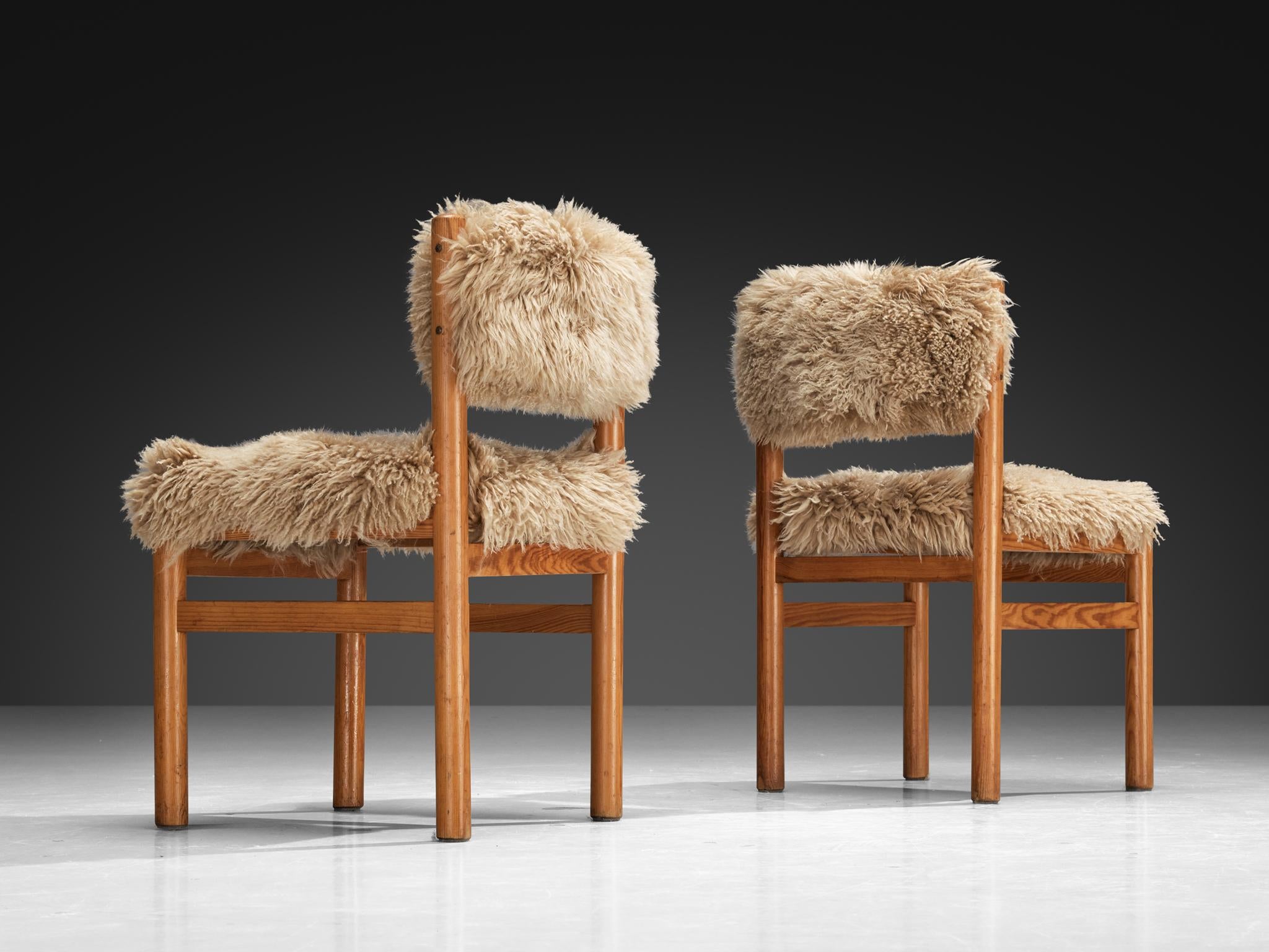 Set of Twelve Dining Chairs in Pine and Sheepskin