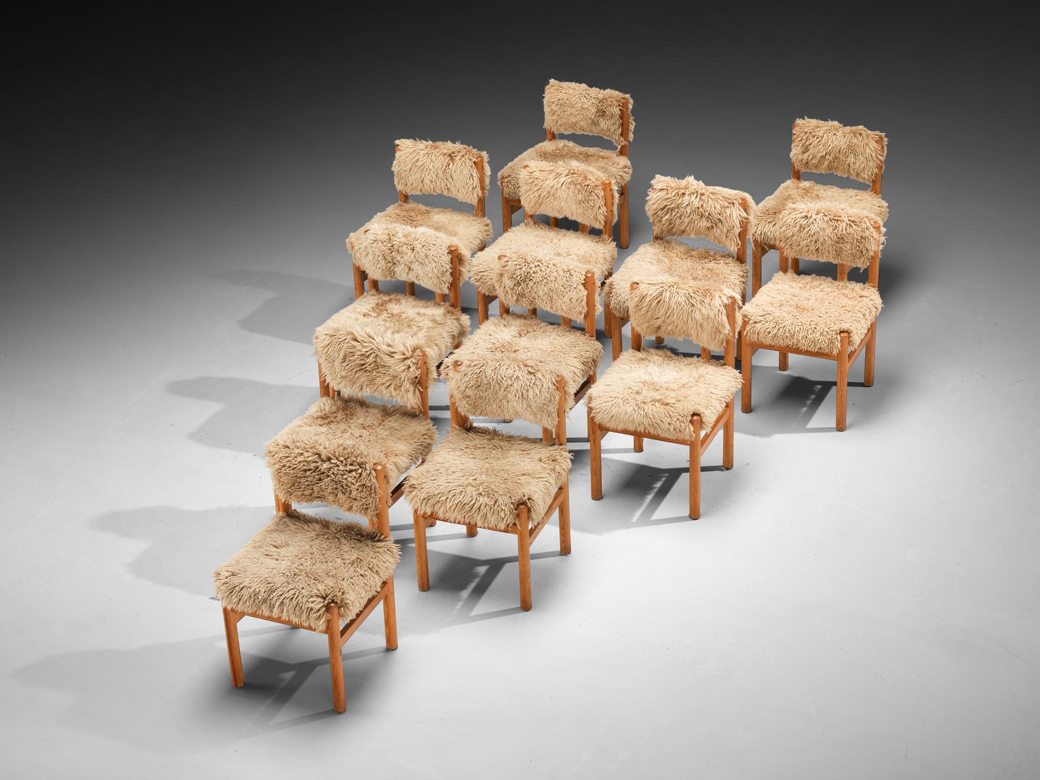 Set of Twelve Dining Chairs in Pine and Sheepskin