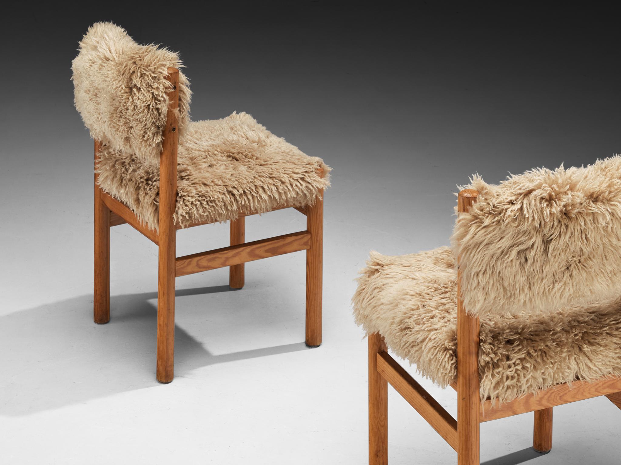 Set of Twelve Dining Chairs in Pine and Sheepskin