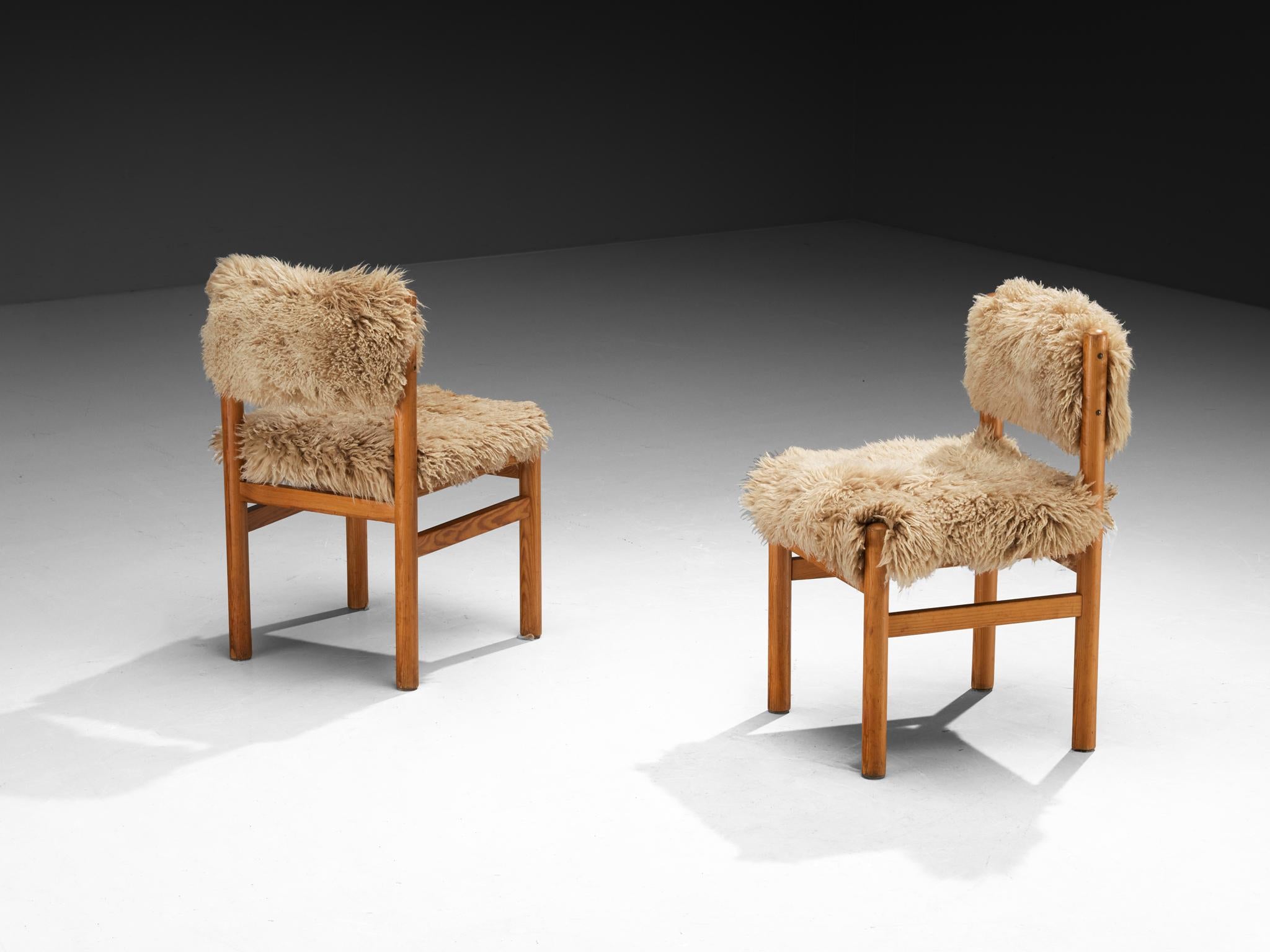 Set of Twelve Dining Chairs in Pine and Sheepskin