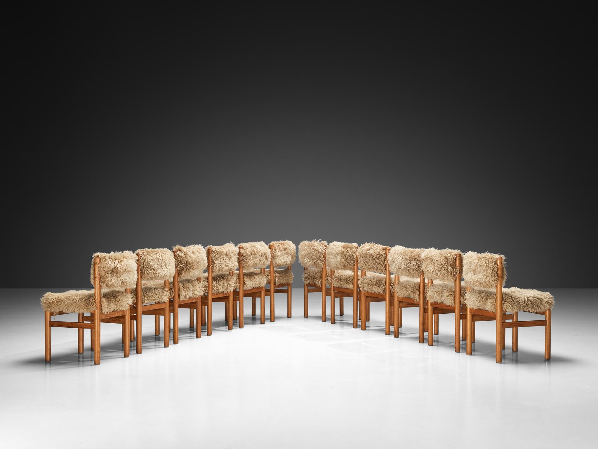 Set of Twelve Dining Chairs in Pine and Sheepskin