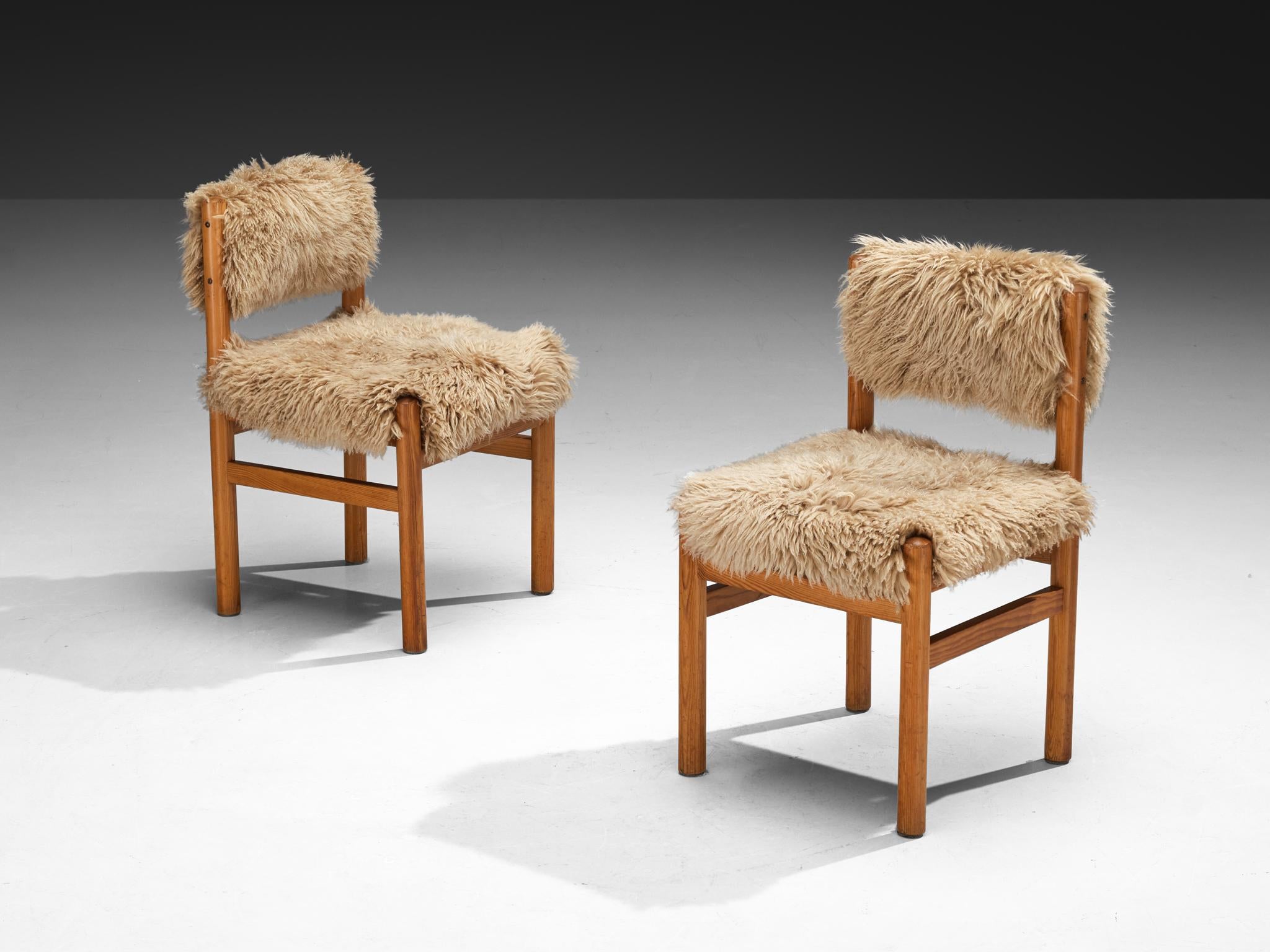 Set of Twelve Dining Chairs in Pine and Sheepskin