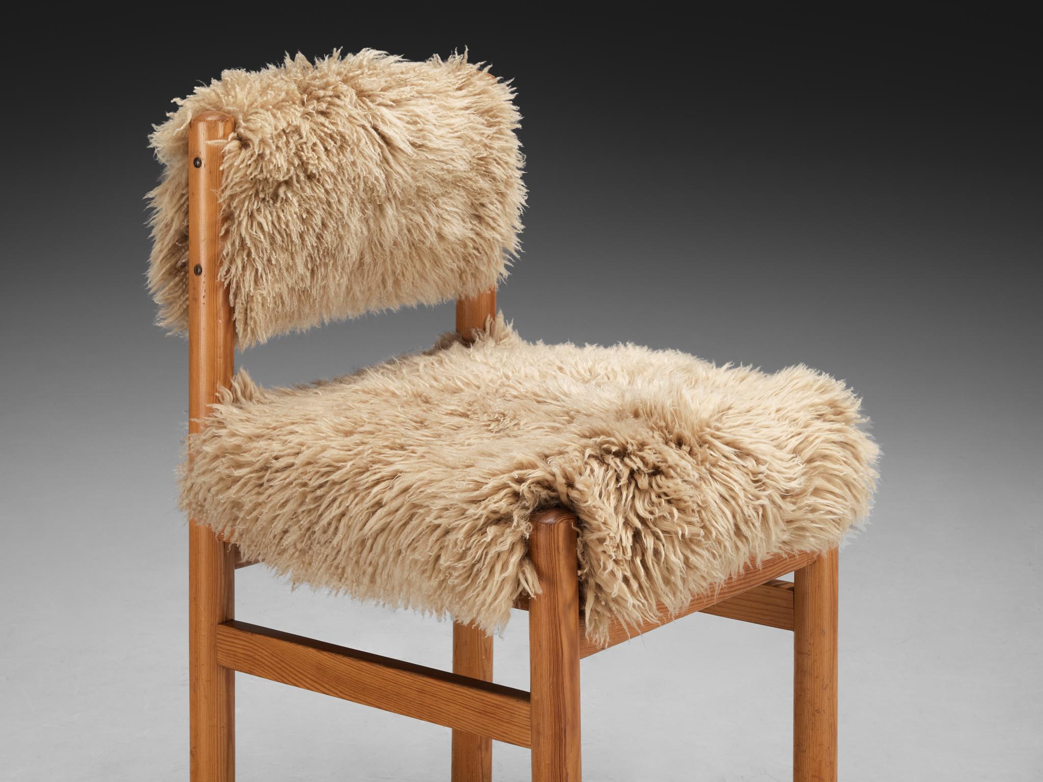 Set of Twelve Dining Chairs in Pine and Sheepskin