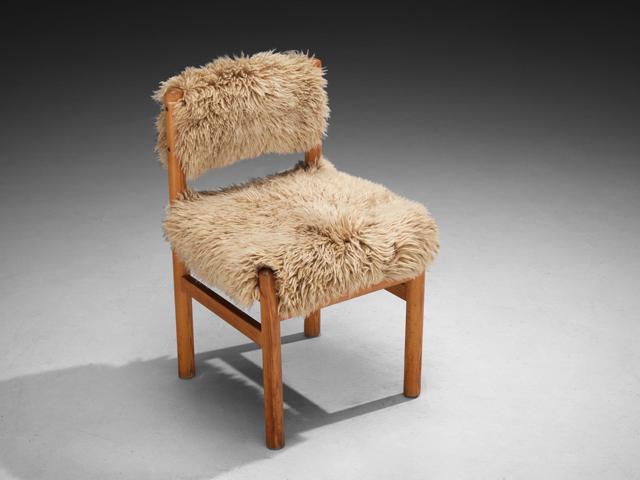 Set of Twelve Dining Chairs in Pine and Sheepskin