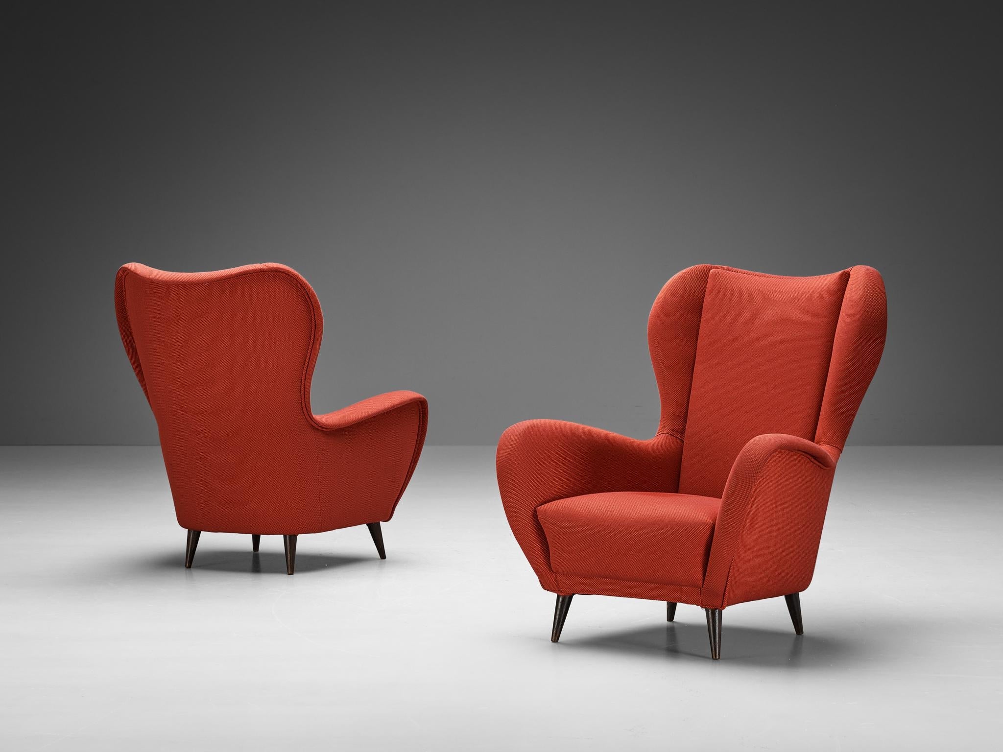 1950s Italian Pair of Wingback Chairs in Red Upholstery and Wood