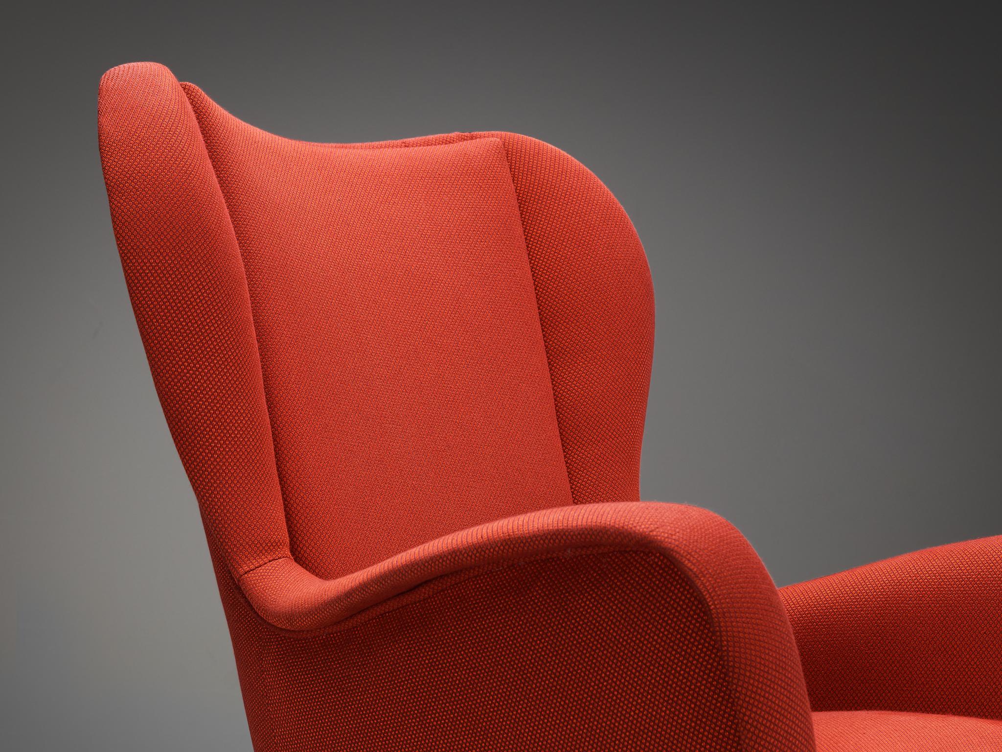 1950s Italian Wingback Chair in Red Upholstery and Wood