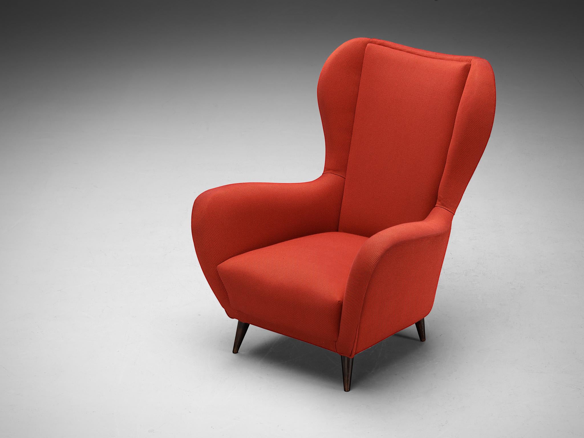 1950s Italian Wingback Chair in Red Upholstery and Wood