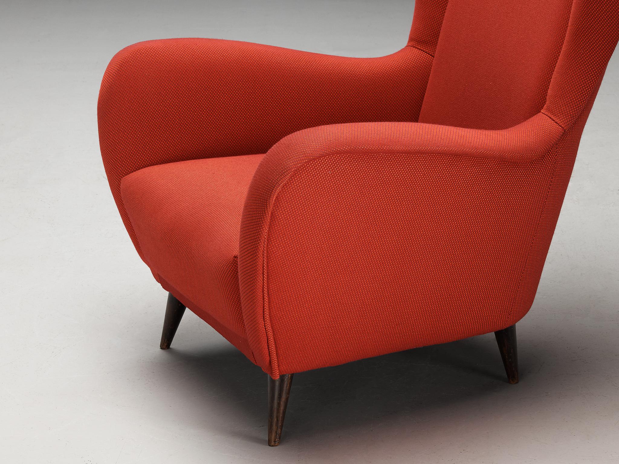 1950s Italian Wingback Chair in Red Upholstery and Wood