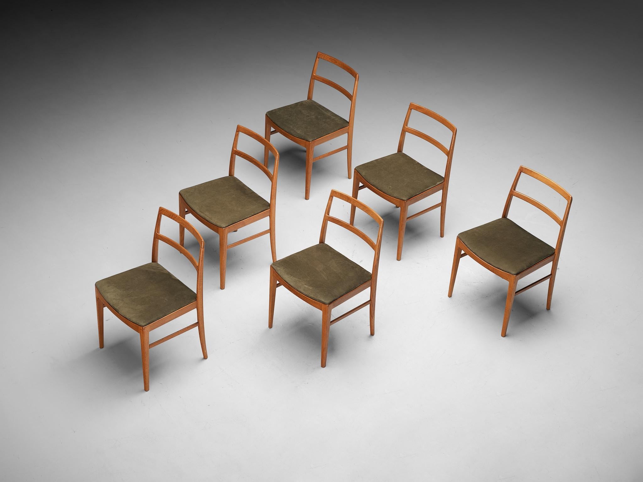 Arne Vodder Set of Six Dining Chairs in Teak and Green Upholstery