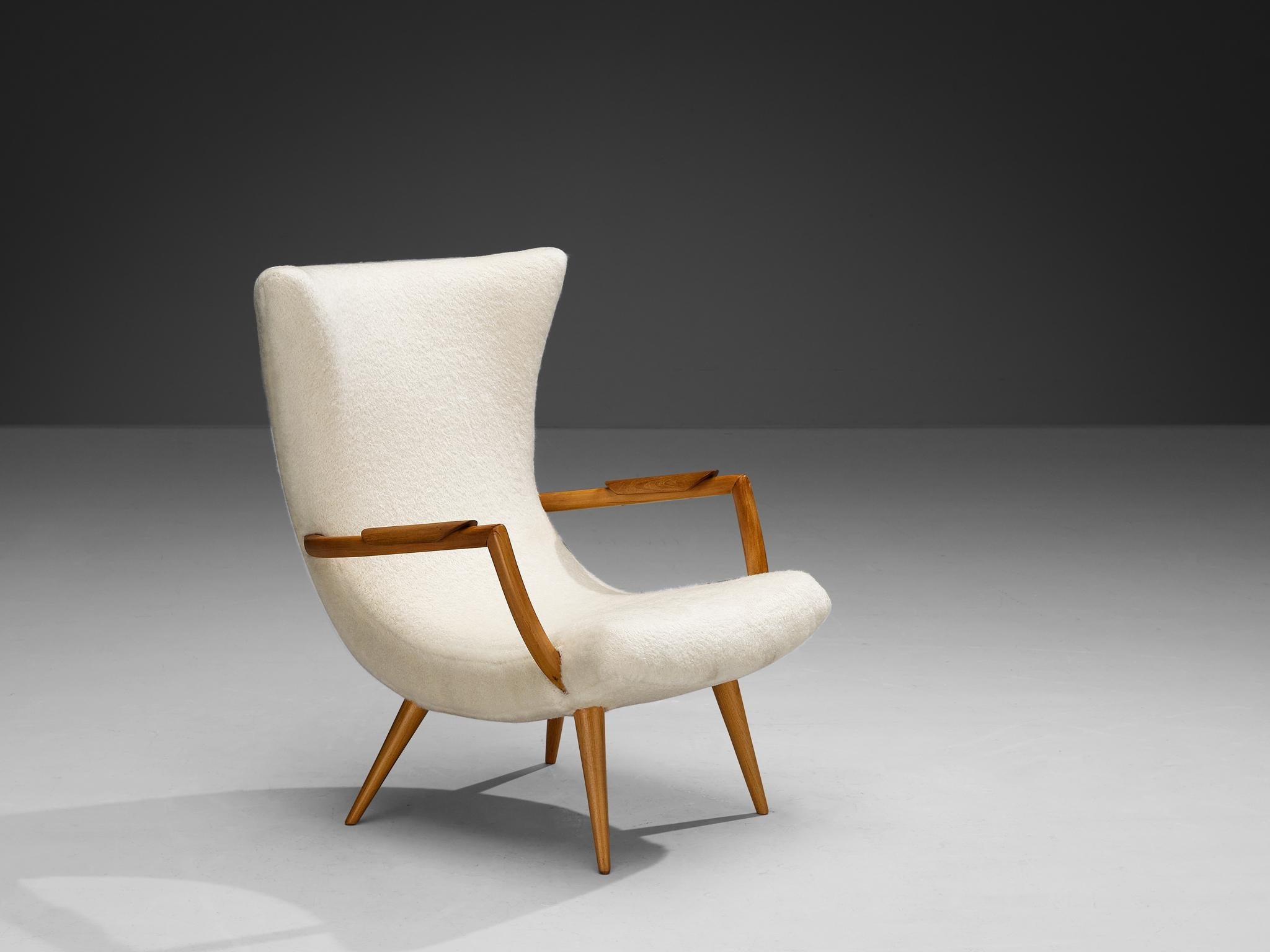 Giuseppe Scapinelli Lounge Chair in Off-White Mohair and Cherry