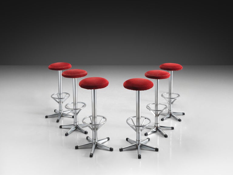 Bar Stools in Metal and Red Corduroy Upholstery