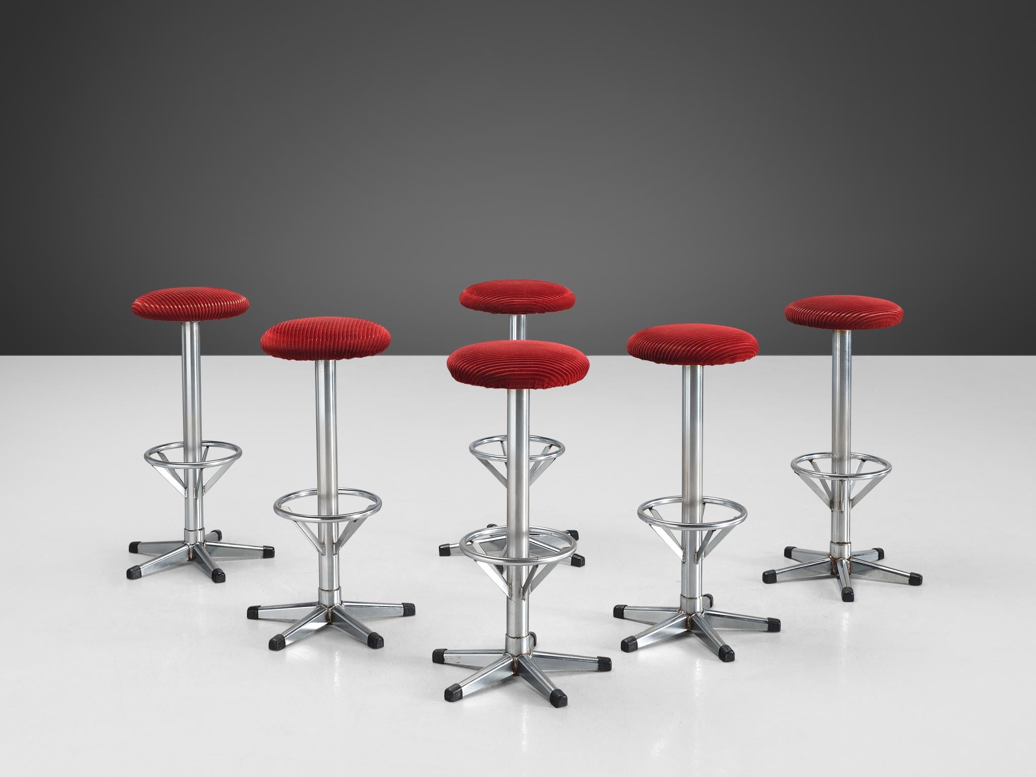 Bar Stools in Metal and Red Corduroy Upholstery