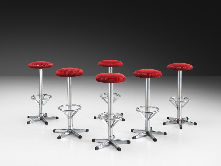 Bar Stools in Metal and Red Corduroy Upholstery