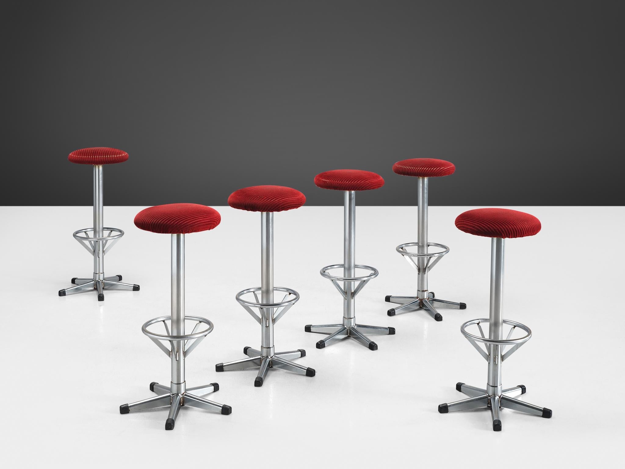 Bar Stools in Metal and Red Corduroy Upholstery