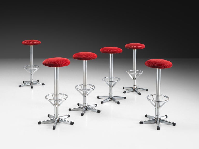 Bar Stools in Metal and Red Corduroy Upholstery