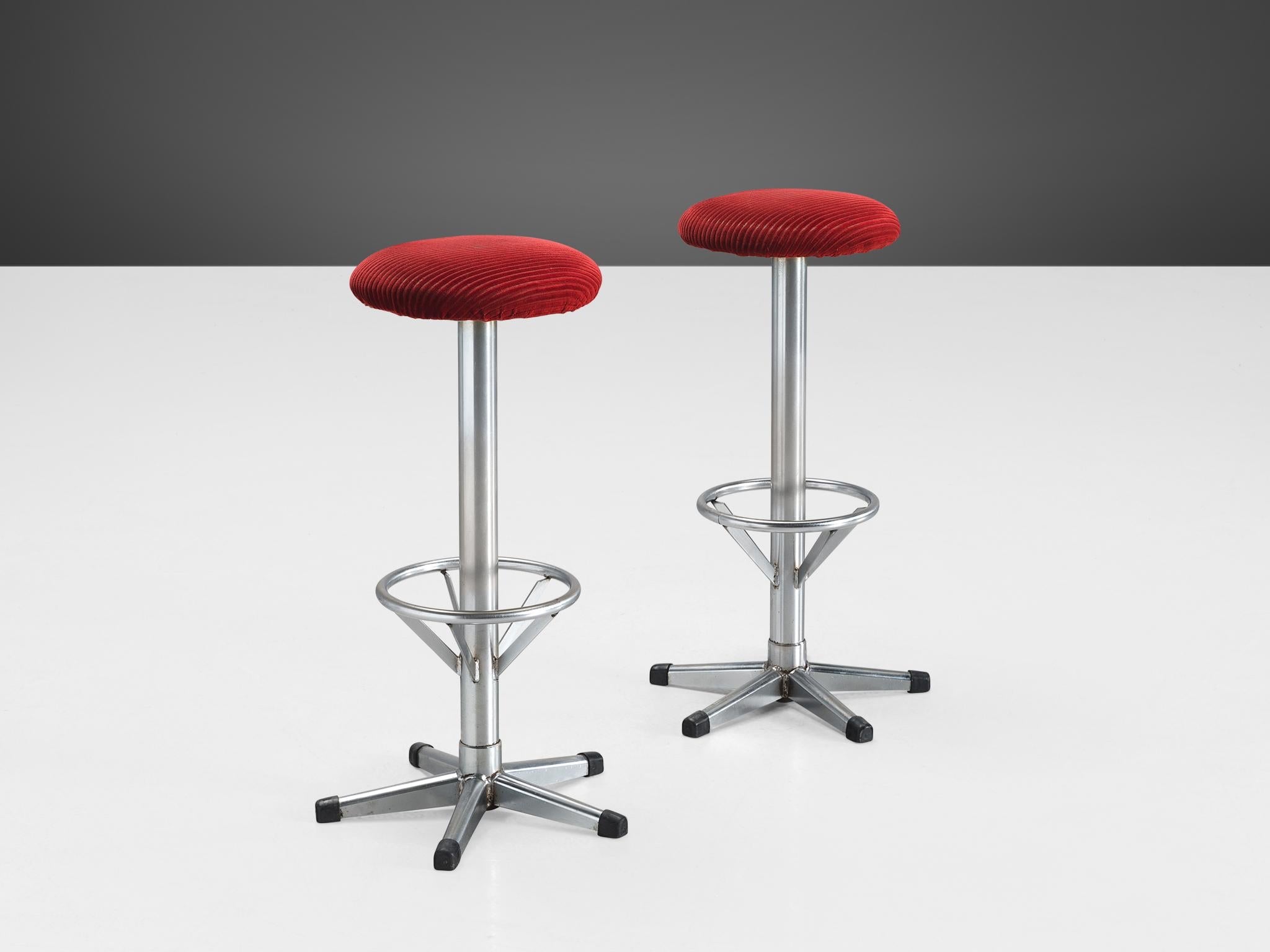 Bar Stools in Metal and Red Corduroy Upholstery