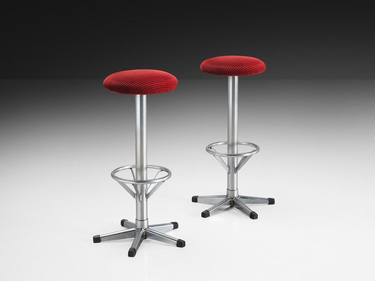 Bar Stools in Metal and Red Corduroy Upholstery