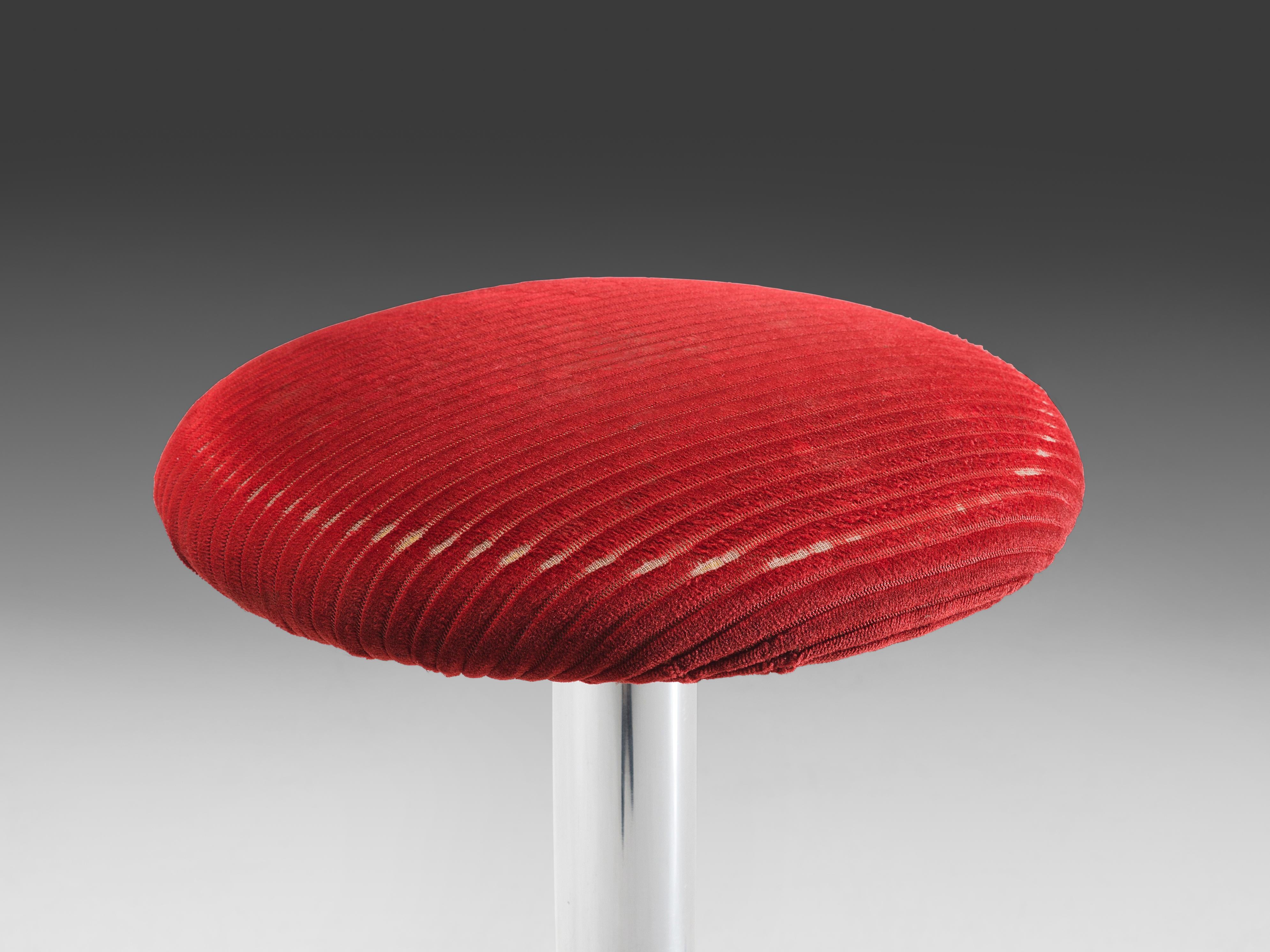 Bar Stools in Metal and Red Corduroy Upholstery