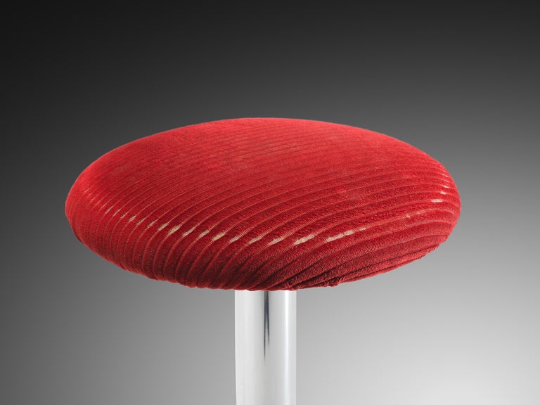 Bar Stools in Metal and Red Corduroy Upholstery