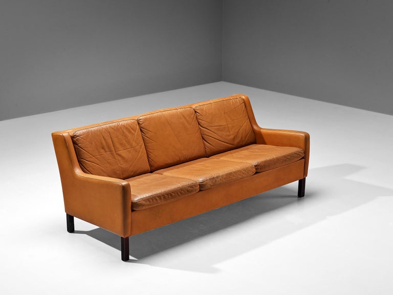 1960s Danish Three-Seat Sofa in Cognac Leather and Wood