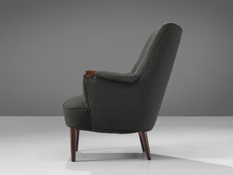 Scandinavian Wingback Lounge Chair in Grey Upholstery and Teak