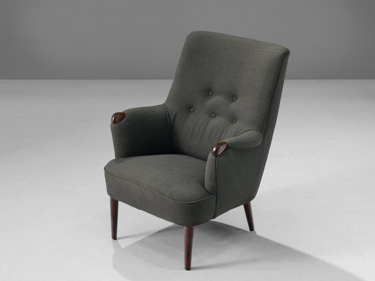 Scandinavian Wingback Lounge Chair in Grey Upholstery and Teak