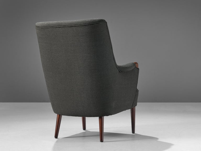 Scandinavian Wingback Lounge Chair in Grey Upholstery and Teak