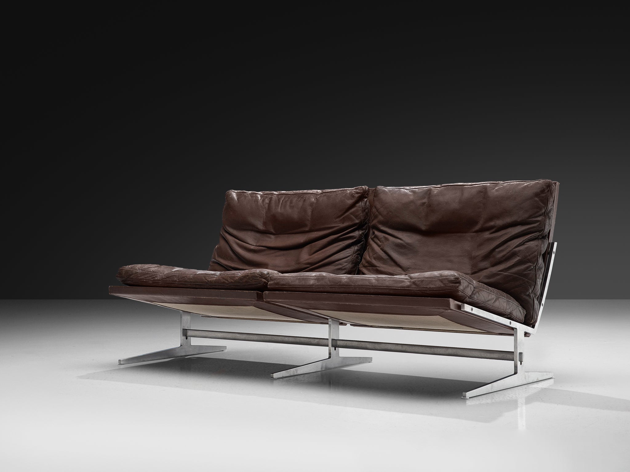 Preben Fabricius & Jørgen Kastholm Sofa in Brown Leather and Steel