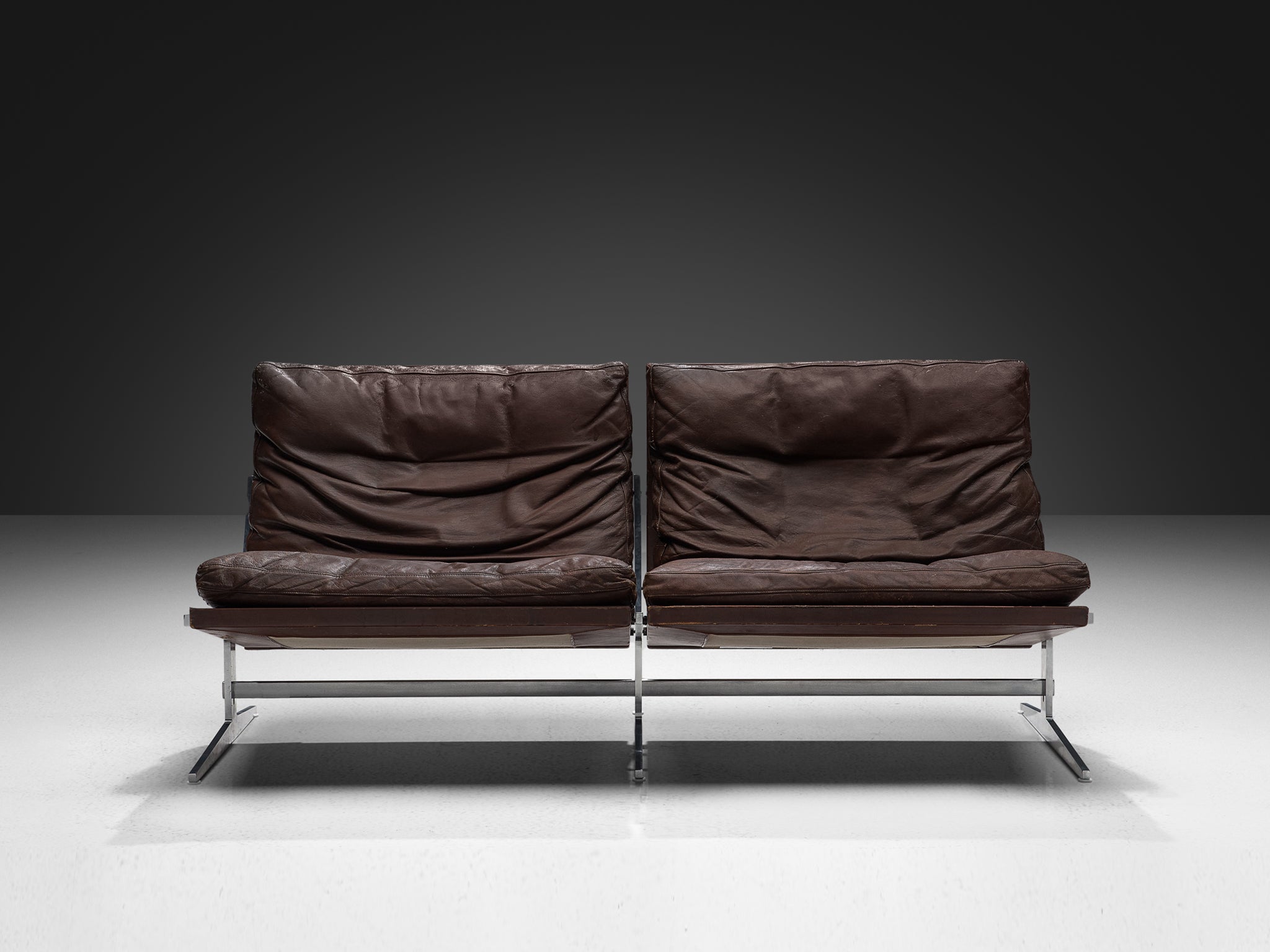 Preben Fabricius & Jørgen Kastholm Sofa in Brown Leather and Steel