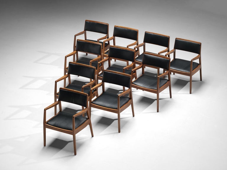 Jens Risom Set of Ten ‘Playboy’ Armchairs in Walnut and Black Upholstery