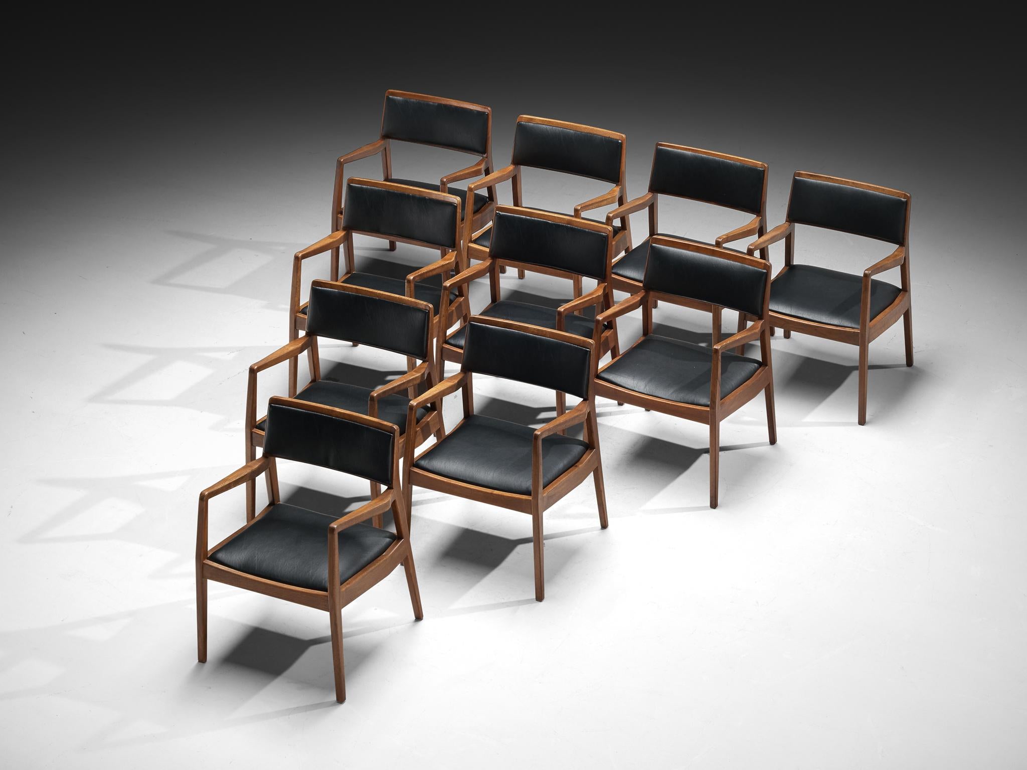 Jens Risom Set of Ten Armchairs in Black Upholstery and Walnut